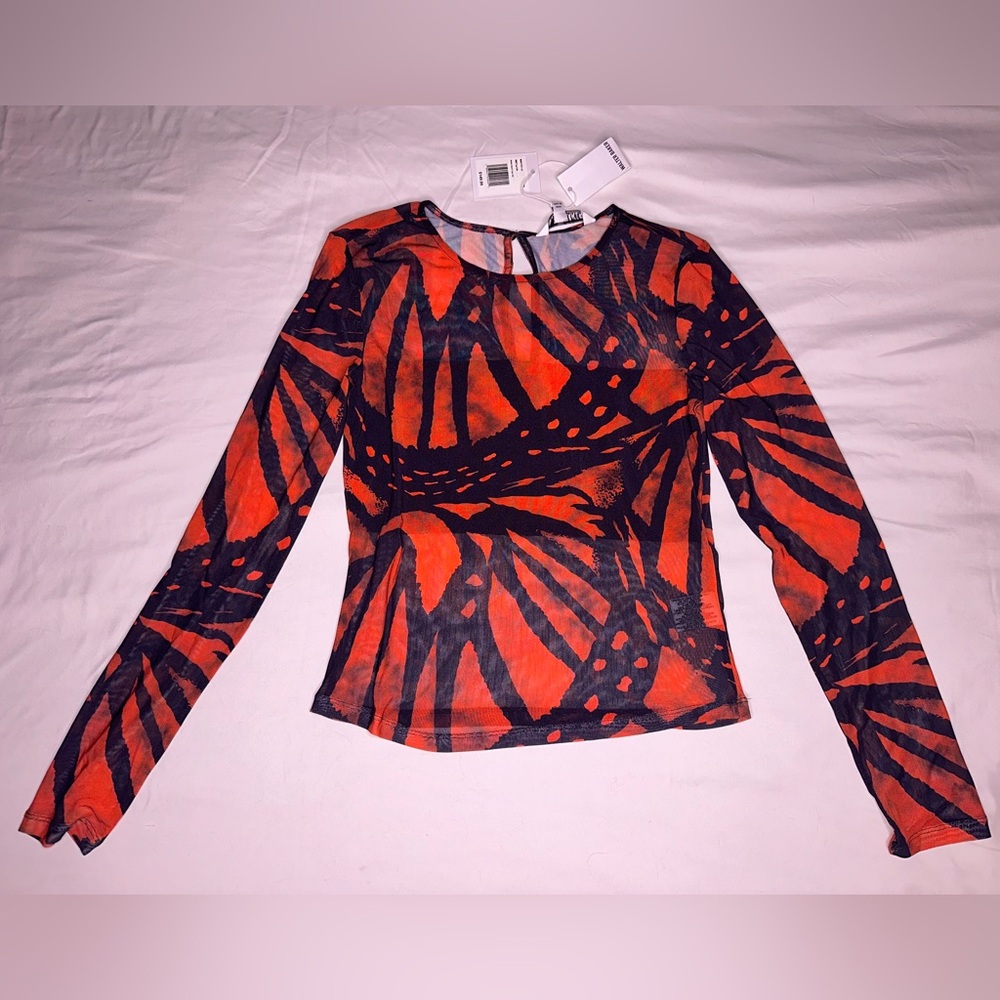 Walter Baker Vibrant Orange and Navy Blue Butterfly Print Long Sleeve Sheer Top